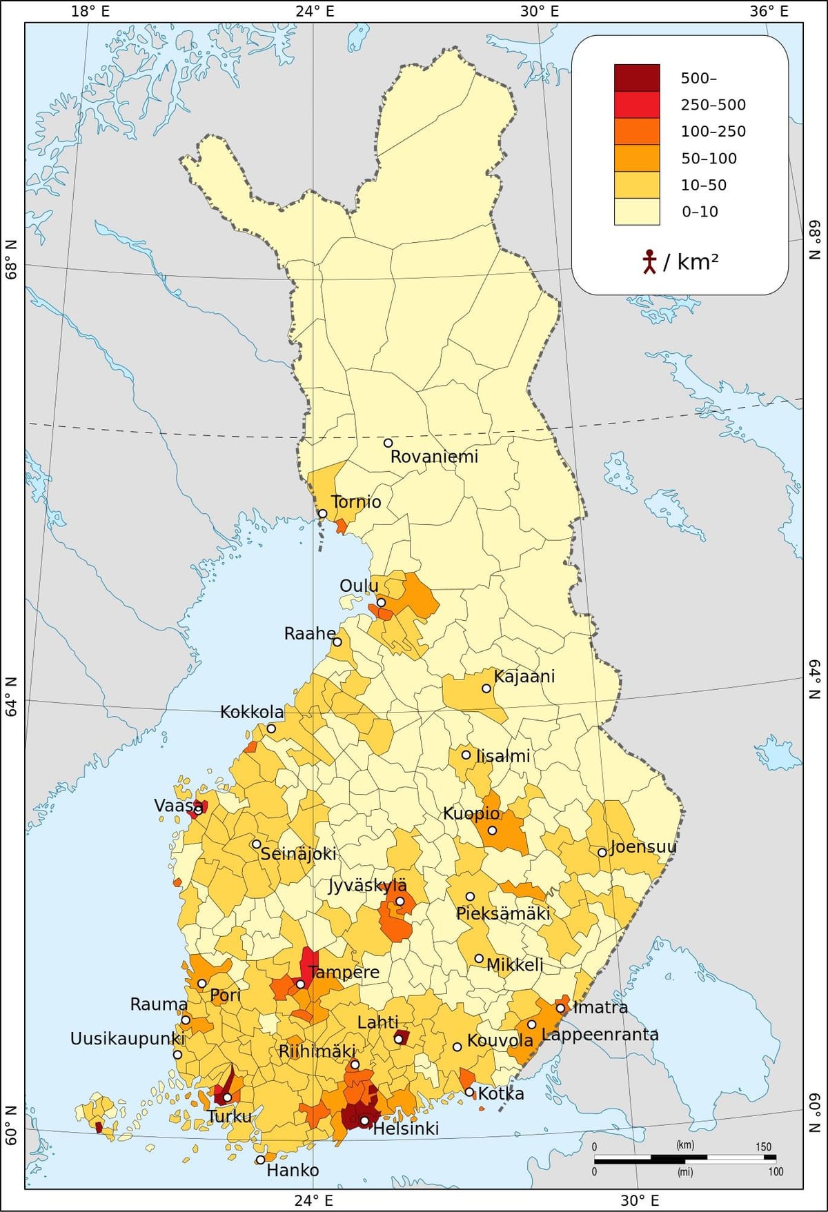 Fínsko hustota obyvateľstva mapu