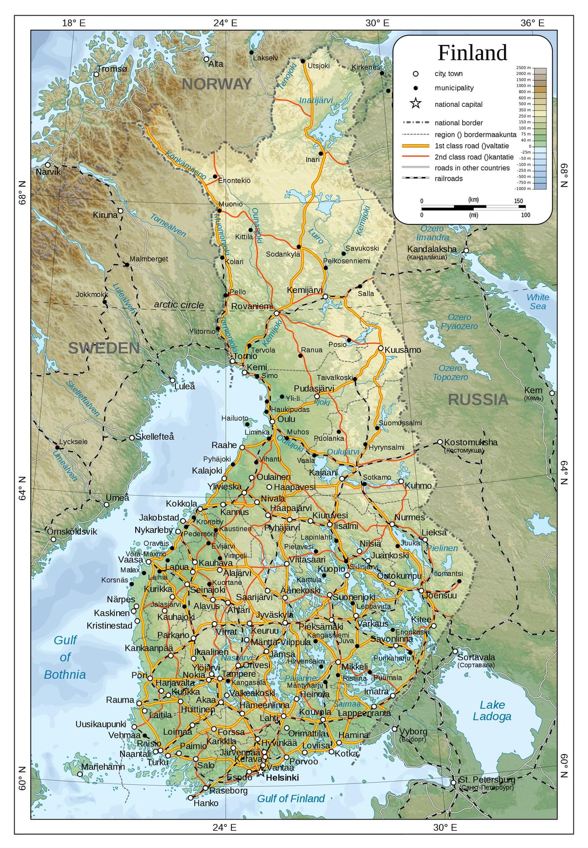 Mapa fyzickej Fínsko